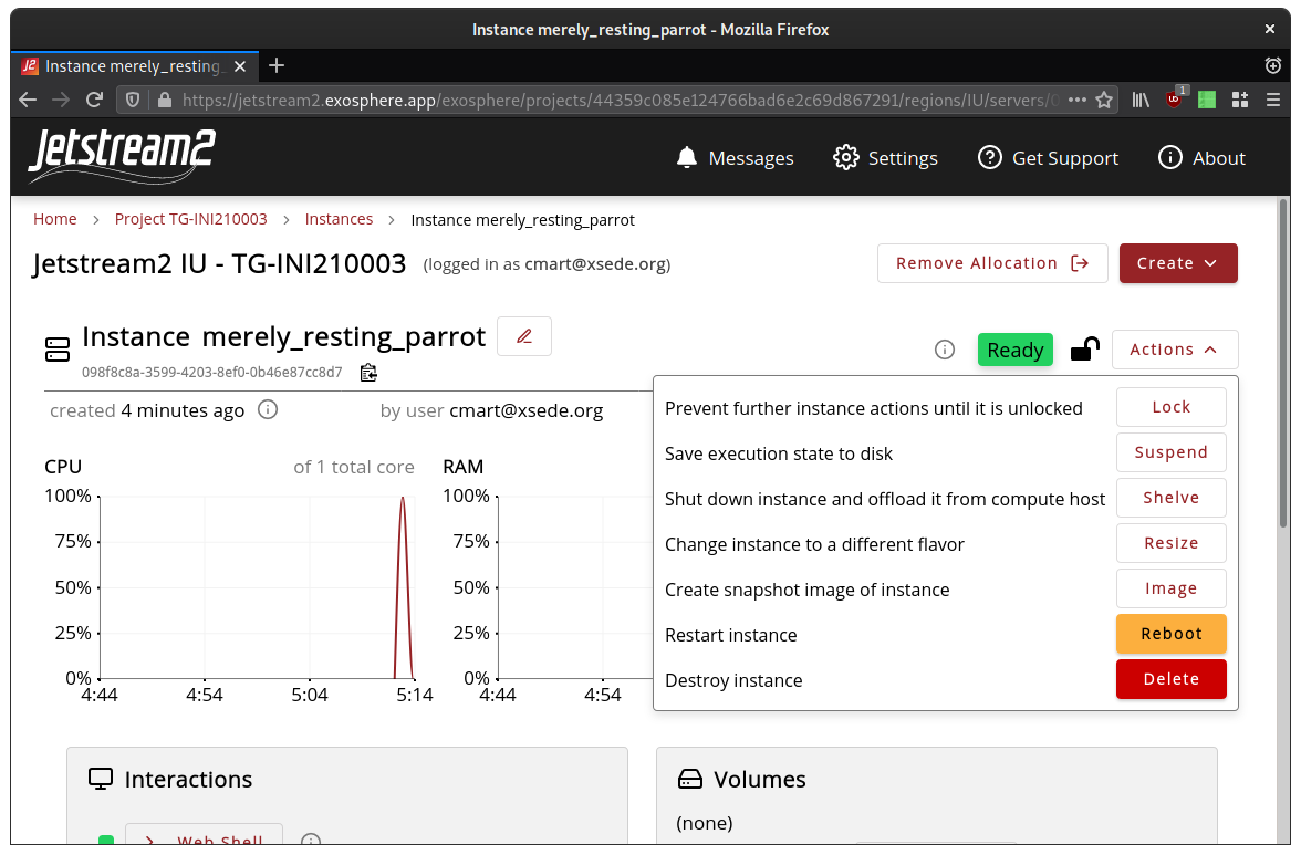 Exosphere instance actions menu screenshot