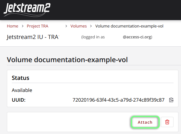 A screenshot of a volume's details, highlighting the 'Attach' button