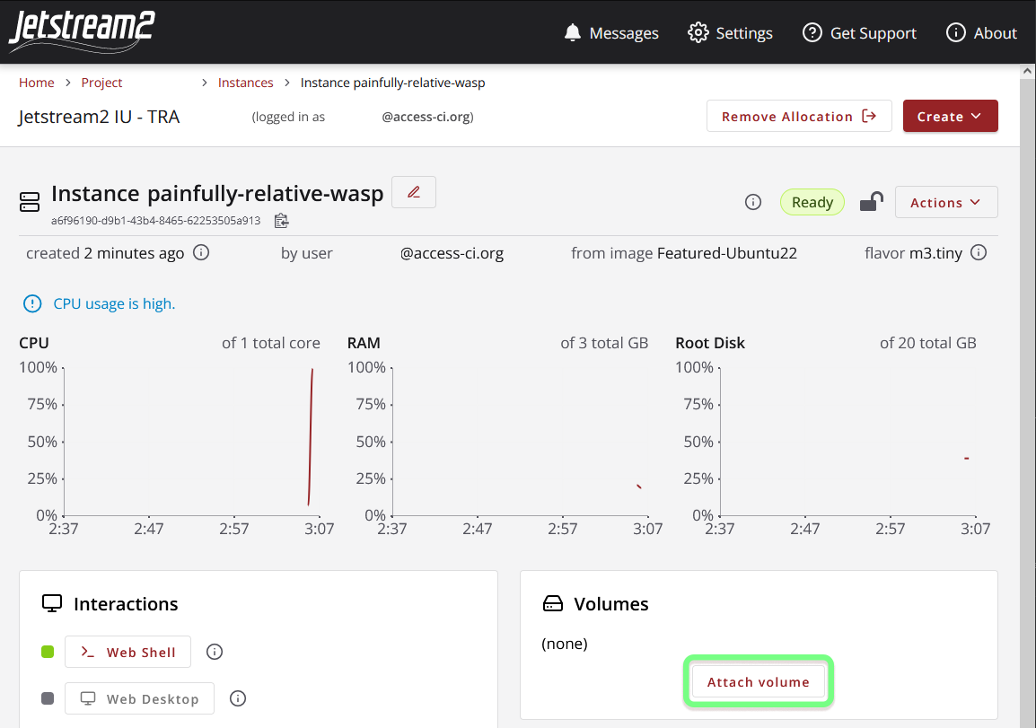 attach volume from instance details page, under the volumes card