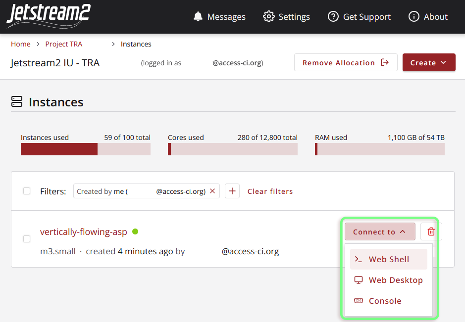 A screenshot of the "connect to" dropdown on the Instance List page