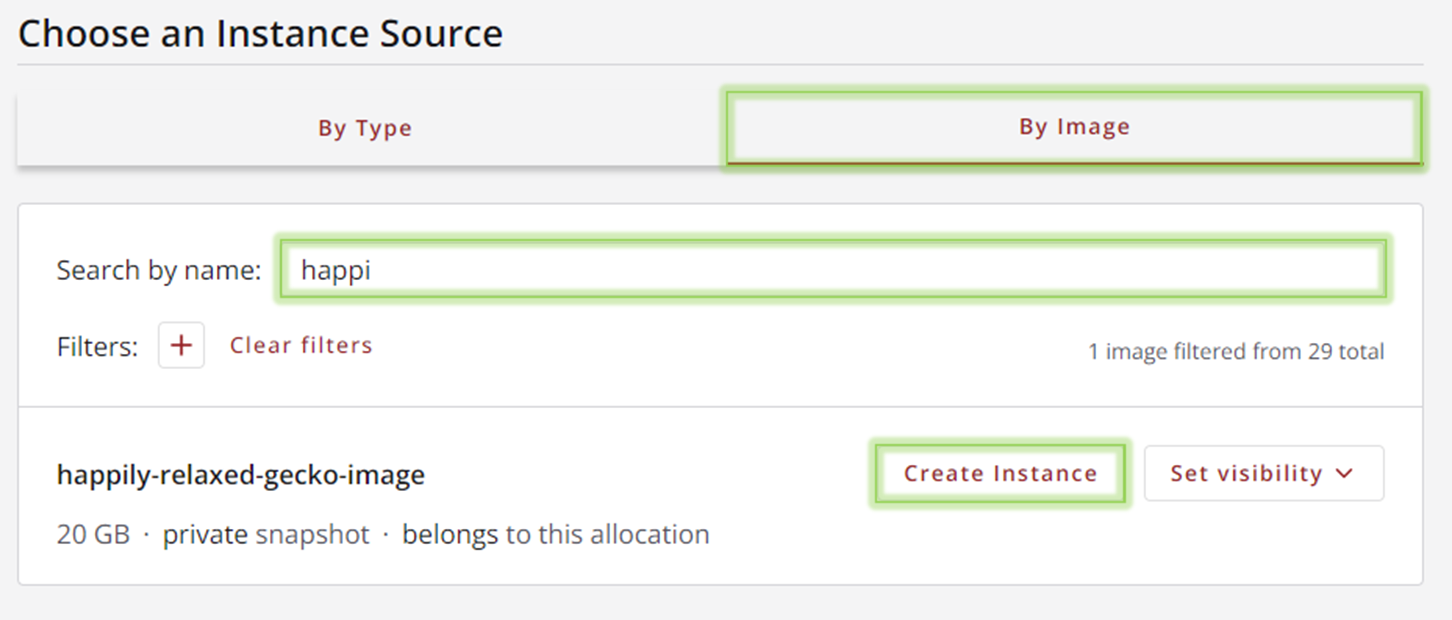 Select By Image, then enter image name in search bar, then select Create Instance