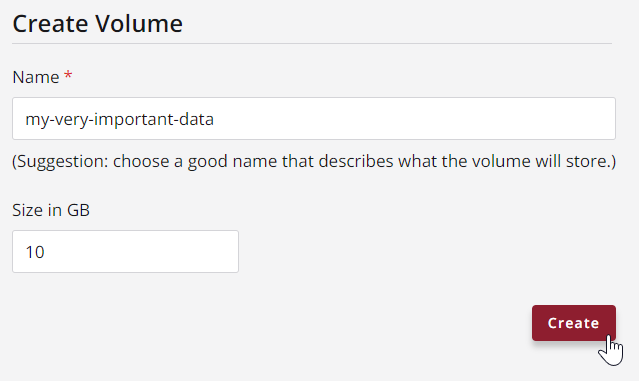 input name, choose size, and click red create button