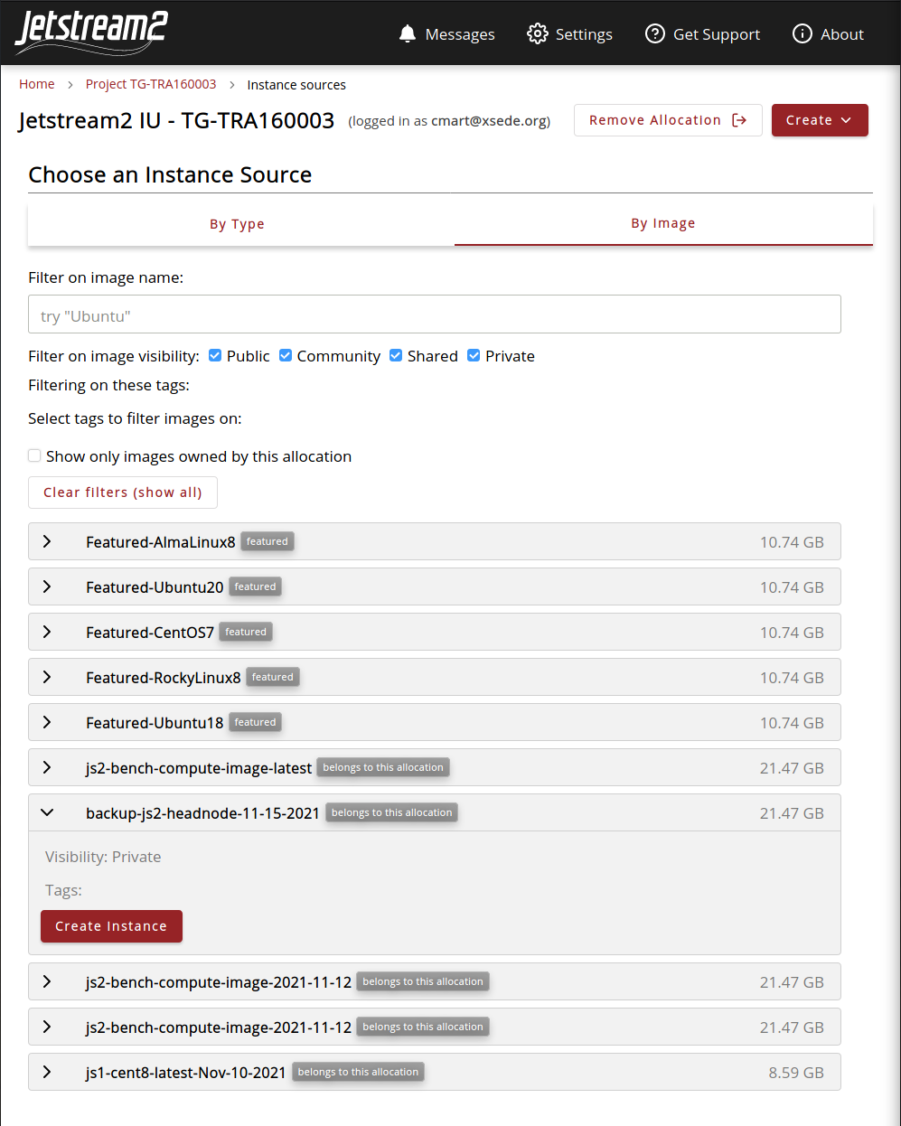 A screenshot of Exosphere's image picker during instance creation