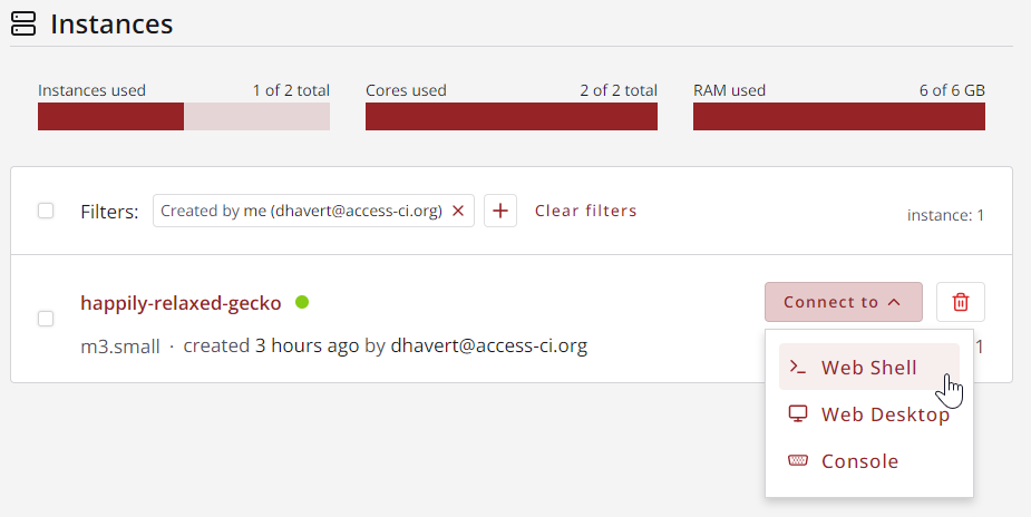 Select Web Shell from instance overview page