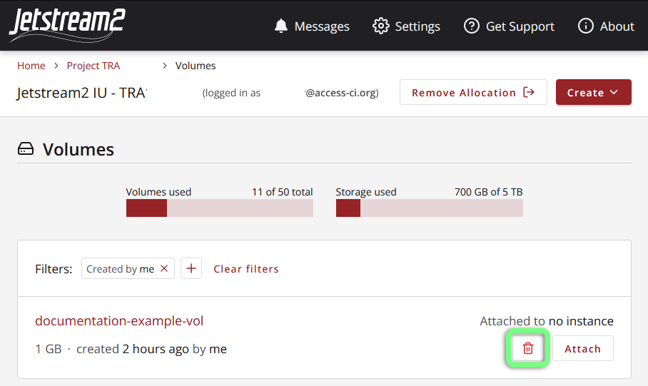 A screenshot of the Exosphere Volume list page with the trash can icon circled