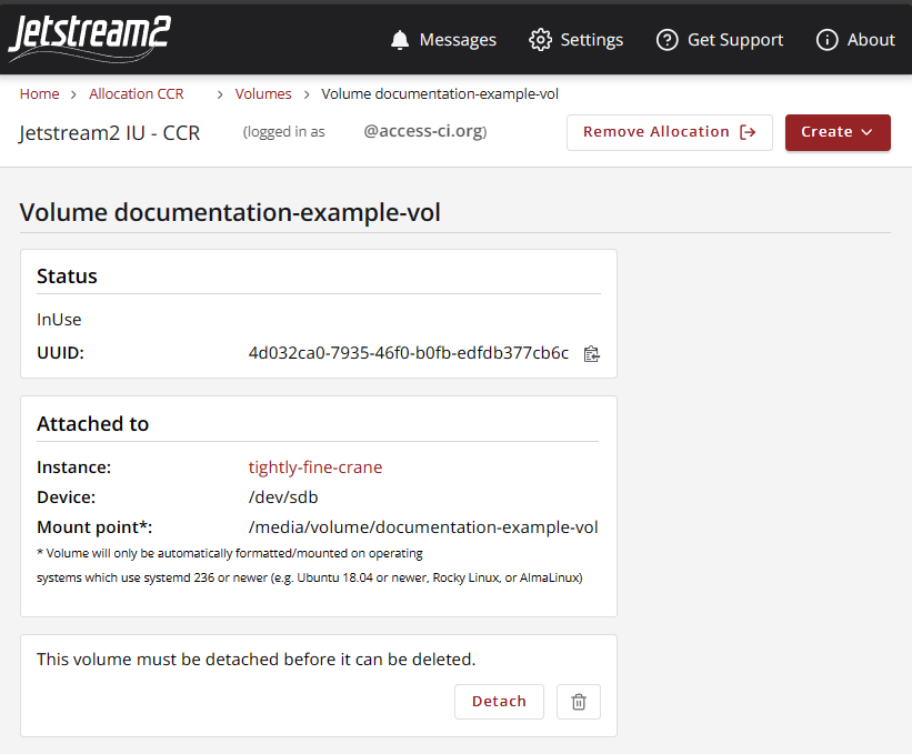 A screenshot of the Exosphere Volume details page with the "Detach" button circled