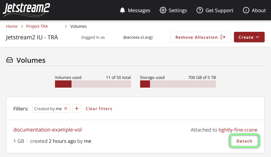A screenshot of the Exosphere Volume list page with the "Detach" button circled