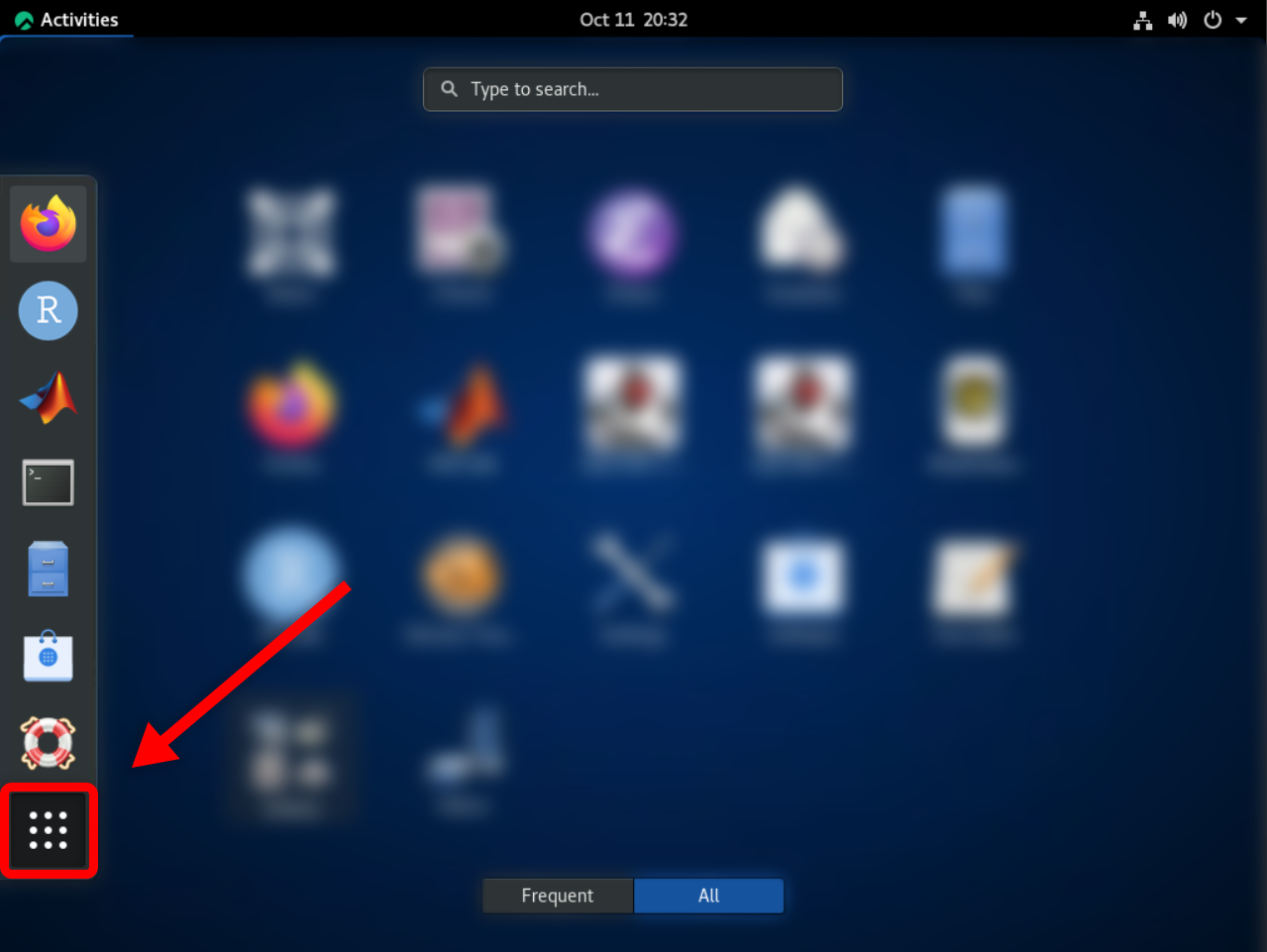A screenshot highlighting the location of the "Show Applications" button in Rocky 8