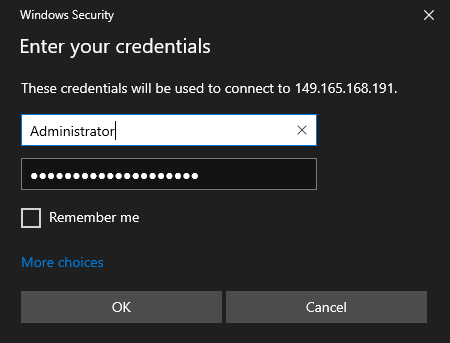 A screenshot of the RDP credentials prompt